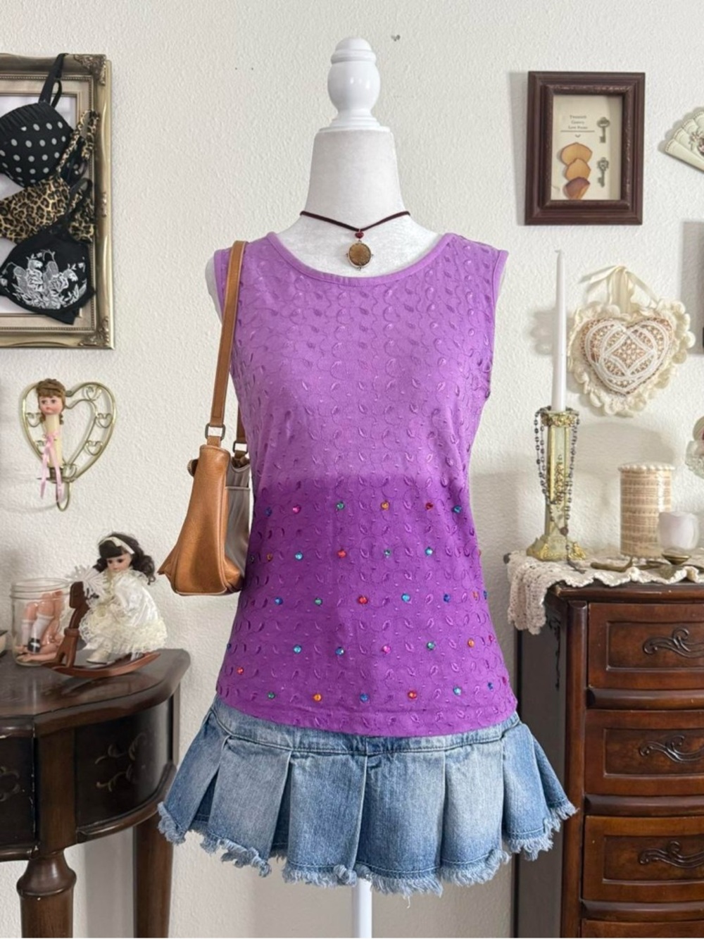 y2k witchy whimsigoth boho purple tank top w embroidery & rhinestones | size S